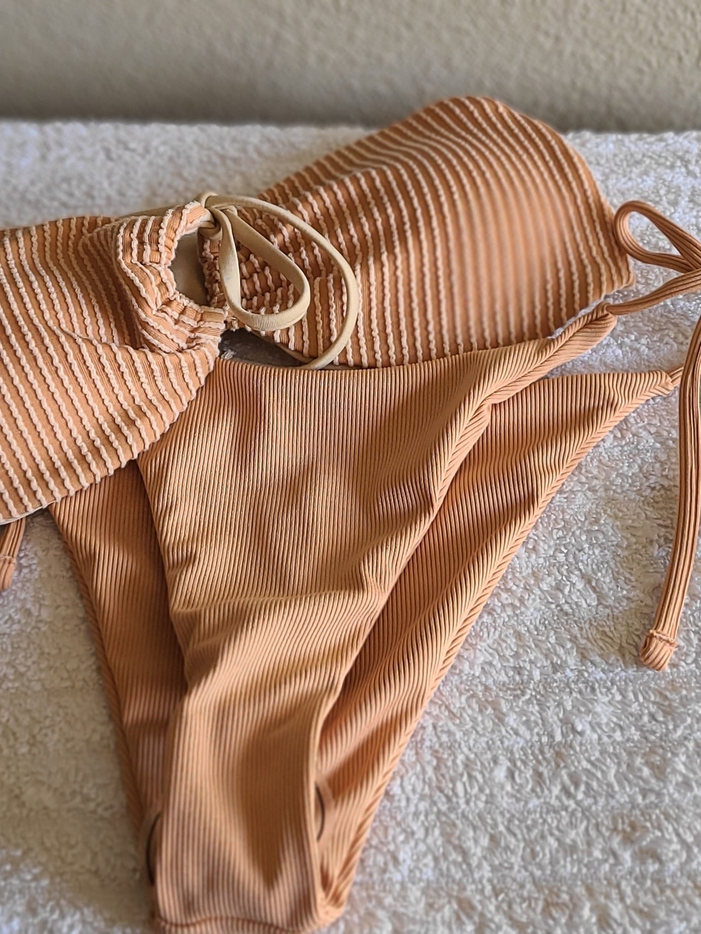 Zaful Tan Ribbed Textured Bandeau with Center Drawstring and String Bottoms